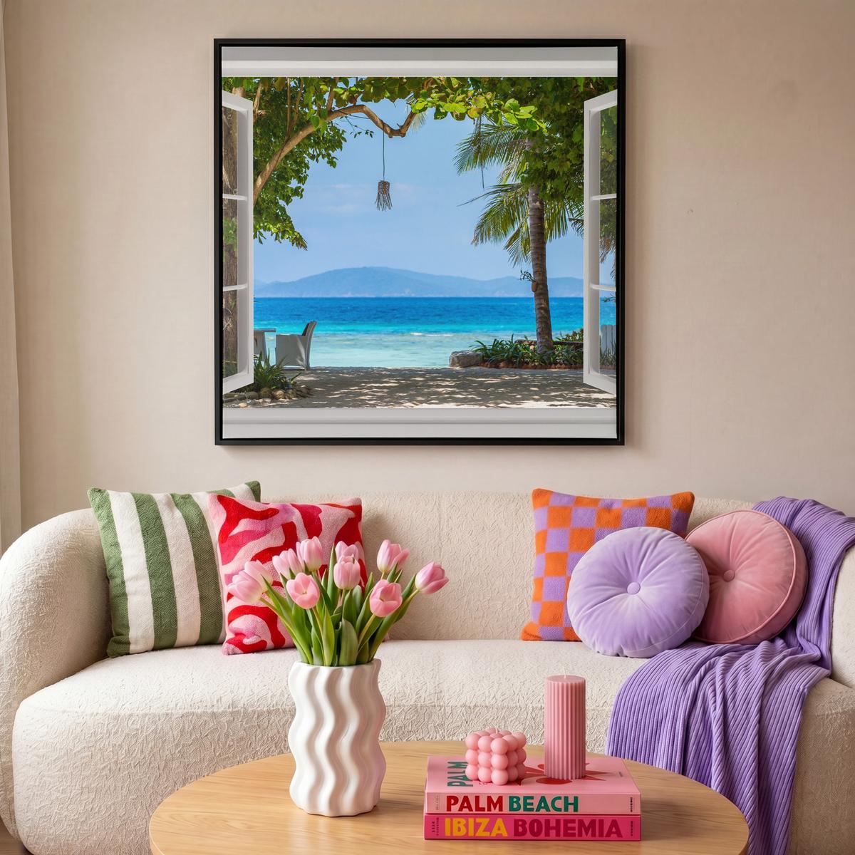 LEINWAND Bilder mit Rahmen - Aussicht - Baum - Meer - Palme - Hügel - Strand - Blau - 90x90 - Blau, Textil (90/90cm) - MuchoWow