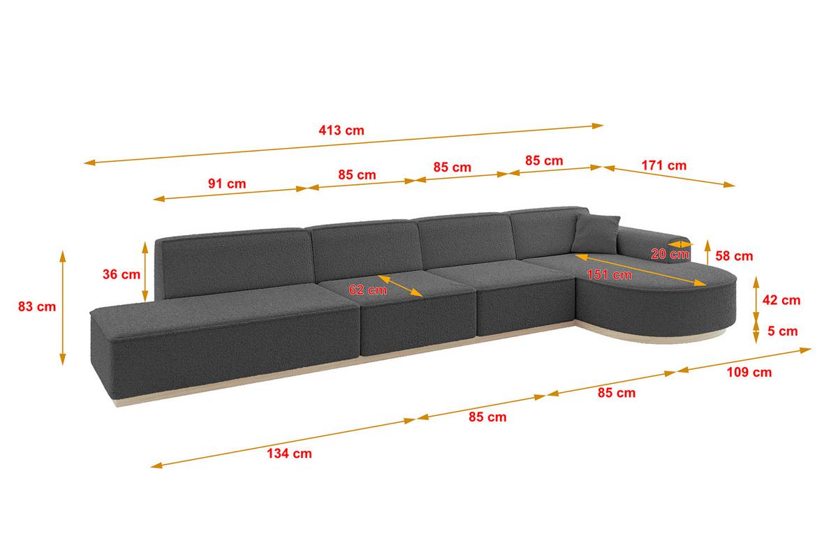 ECKSOFA Ottomane Rechts ARRIO-L3 - 413x171x83 cm Grau - Grau, Holzwerkstoff/Textil (413/171cm) - ALTDECOR