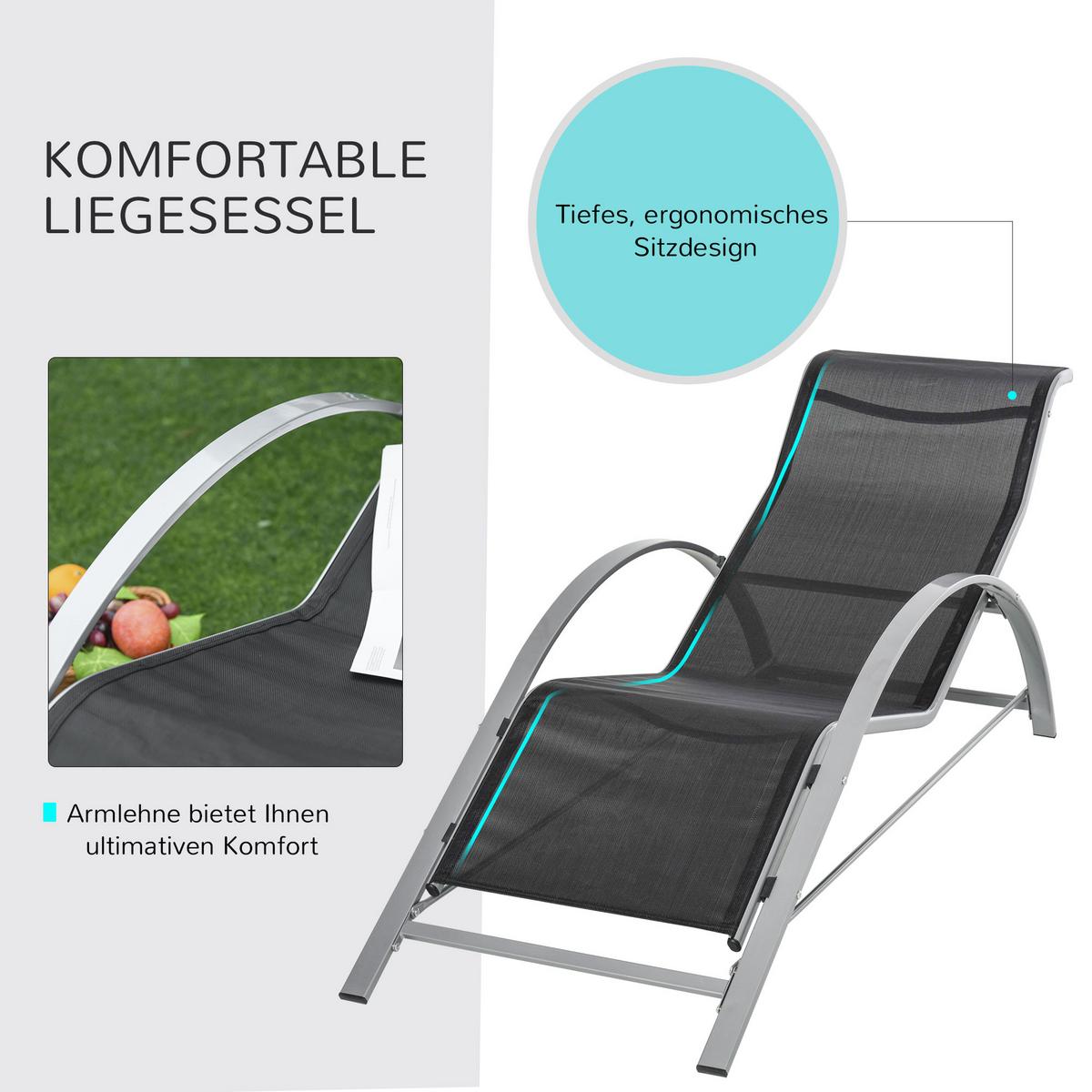 GARTENLIEGE mit Tisch, 59L x 169B x 66H cm, Metall,Mesh, Schwarz+Silber - Schwarz, Kunststoff (169/66/59cm) - Outsunny