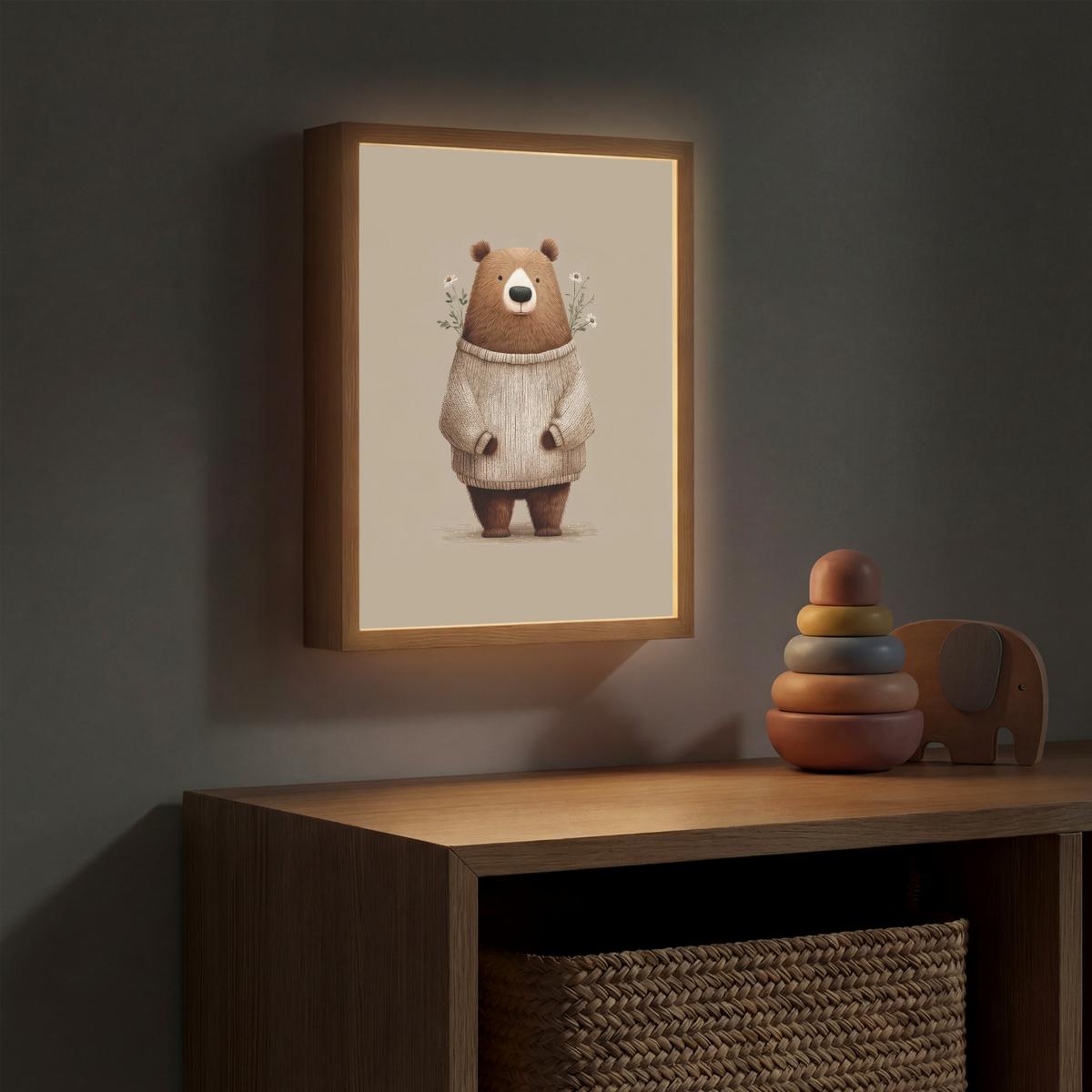 WANDLEUCHTE MIT AKKU Bär - Weiße Blumen - Gemütlich 30x40 cm - Taupe, Holzwerkstoff (30/40/8cm) - OnlyWow