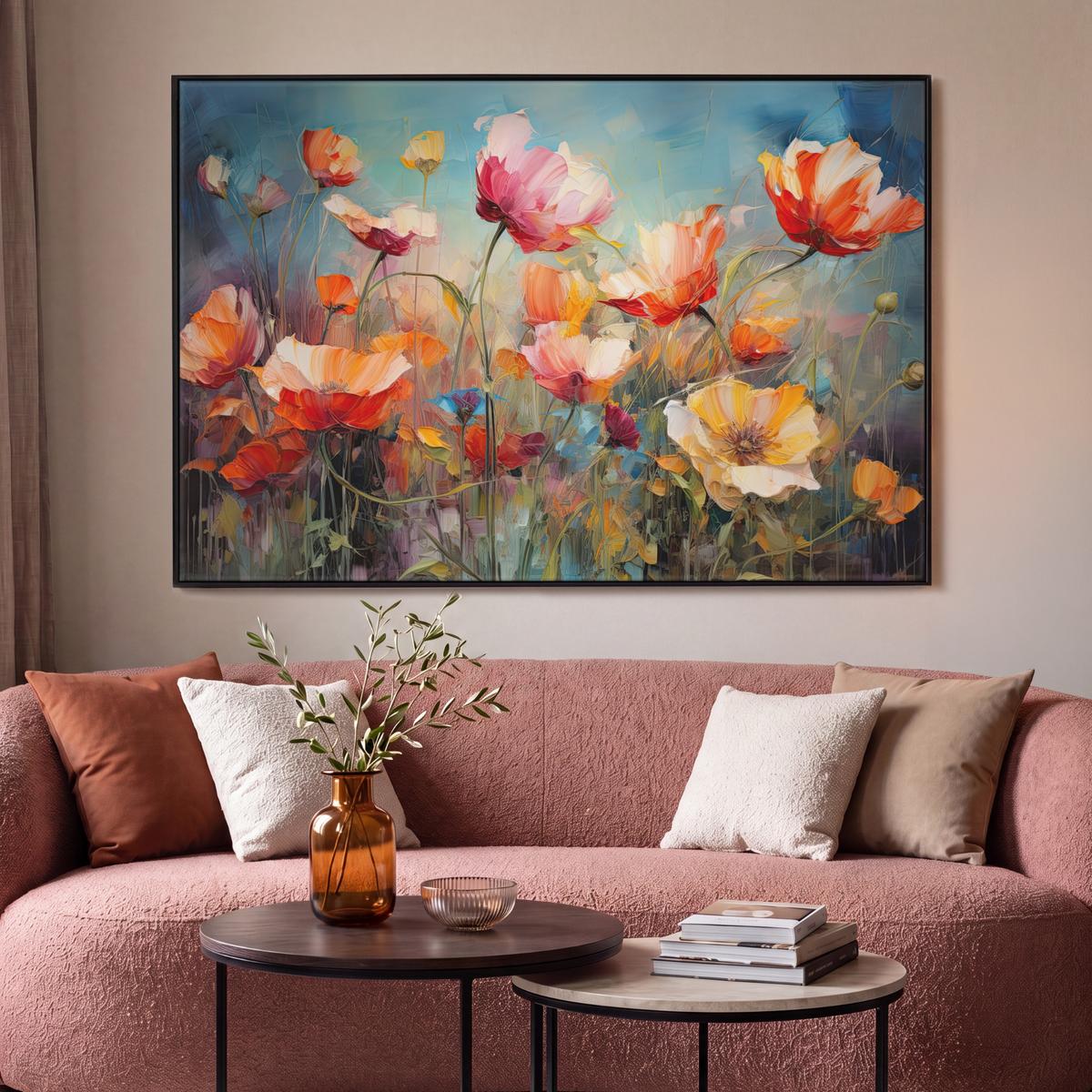 LEINWAND Bilder mit Rahmen - Blumen - Aquarell - Kunst - Botanisch - Natur - 140x90 - Orange, Textil (140/90cm) - MuchoWow