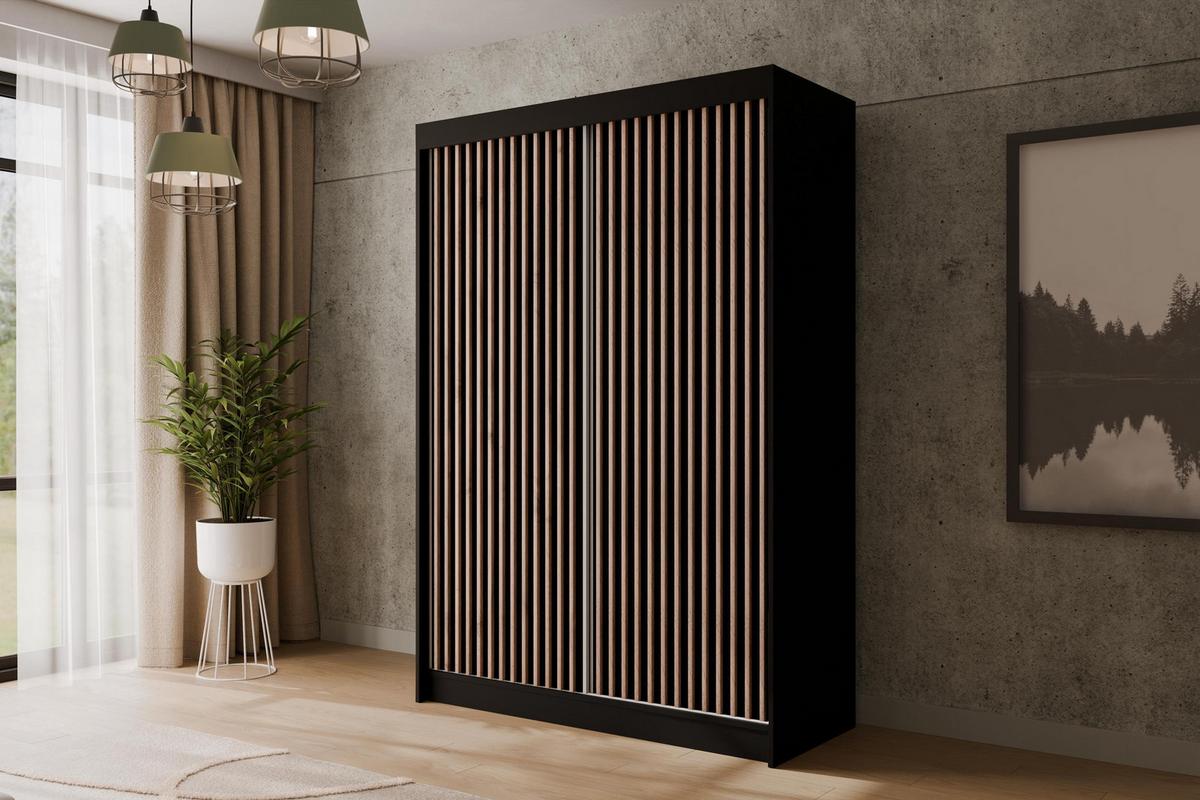 KLEIDERSCHRANK mit Lamel-Schiebetüren VILANv2 - 120 cm Schwarz + Lamelle Eiche Wotan - Eiche Wotan/Schwarz, Holzwerkstoff (120/215/61cm) - ALTDECOR