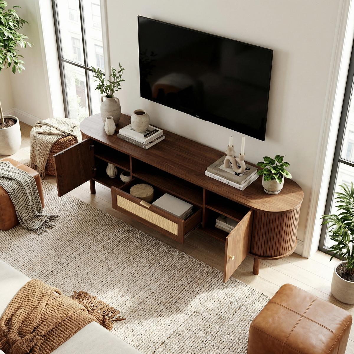 TV-SCHRANK 175 cm Nussbaum MDF mit Rattan-Schublade, offenen Fächern und Runddesign - Walnussfarben, Holzwerkstoff (175/51/36cm) - Urban Meuble
