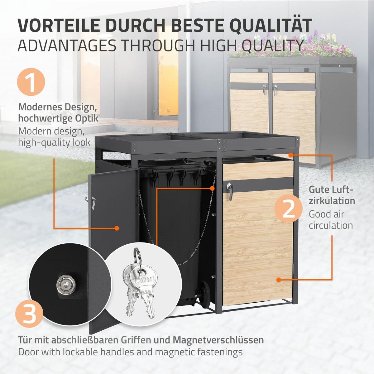 MÜLLTONNENBOX 4er mit Pflanzdach Anthrazit-Holzoptik - Hellbraun, Metall (264/124/80cm) - ML-DESIGN