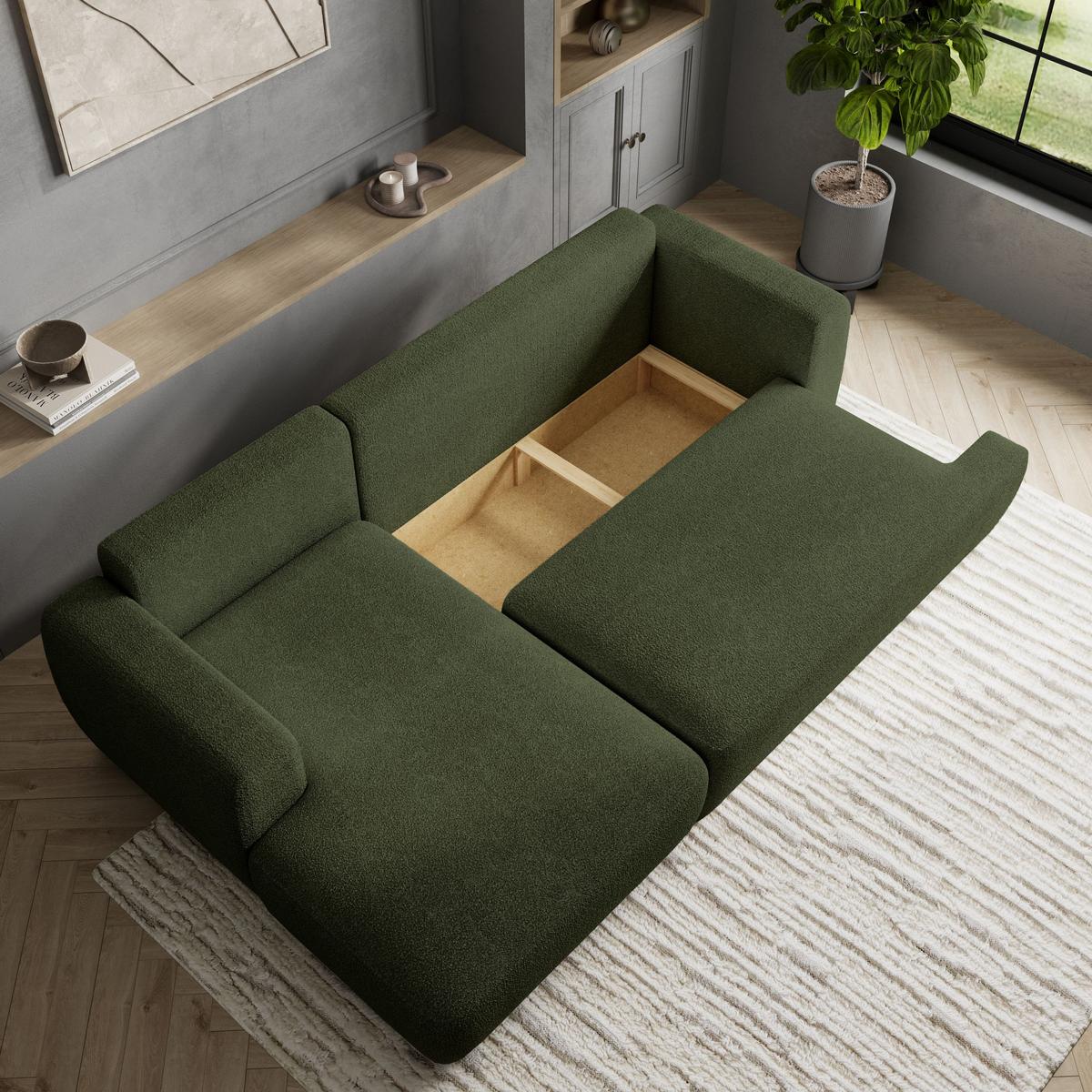 ECKSOFA SENTI N L-S Grün Boucle-Stoff mit Schlaffunktion - Schwarz/Grün, Holz/Kunststoff (246/148cm) - MASSENO