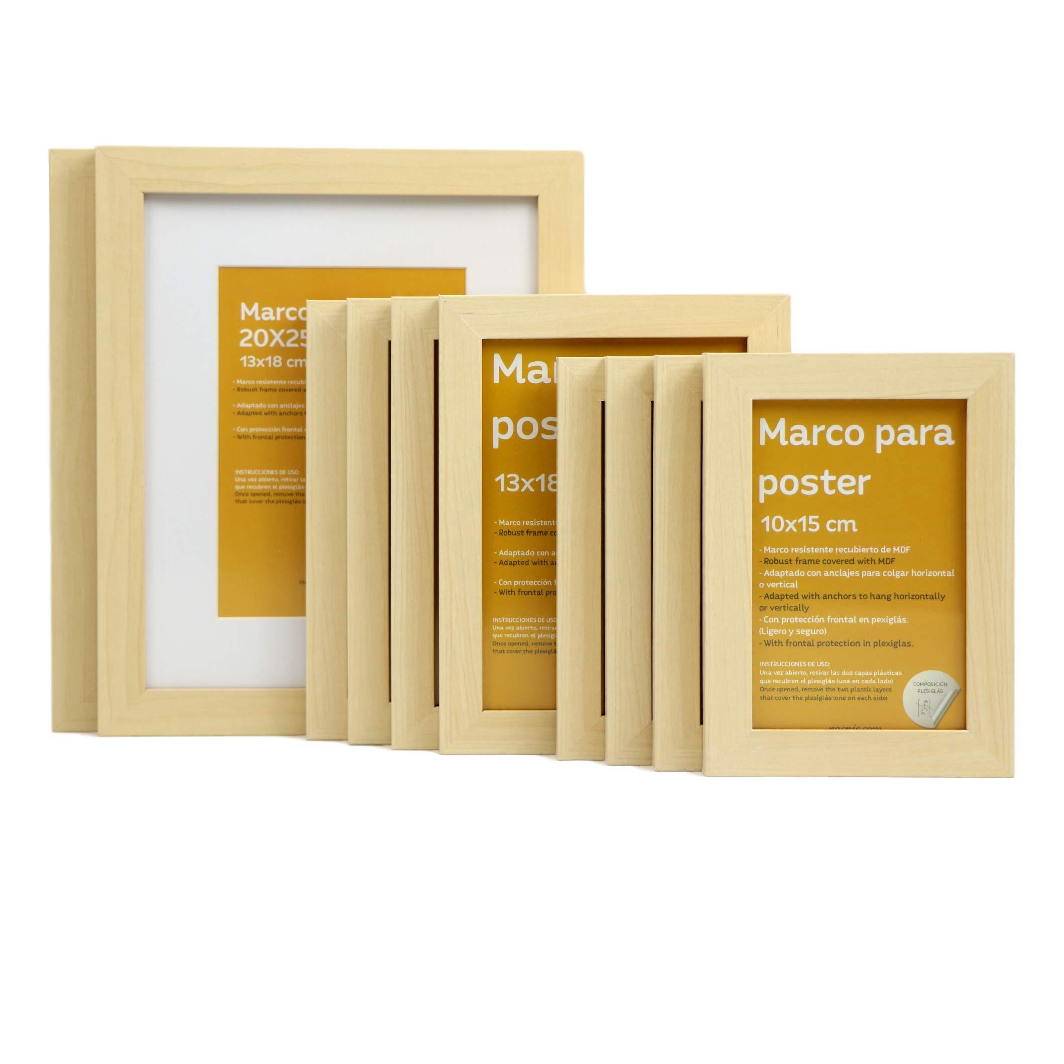 RAHMEN Set mit 10 aus MDF und Acrylglas Schutz und Aussteller für Fotografien, Bilder, Poster, Gemälde Farbe Hellholz 20x25, 13x18, 10x15 cm - Beige, Holz (20/3cm) - Nacnic