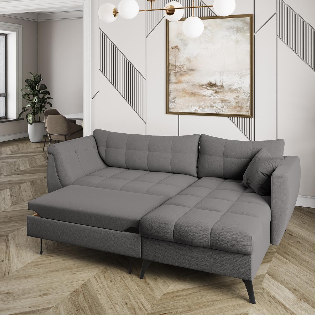 ECKSOFA MOLLIS Grau Geflochtener-Stoff mit Schlaffunktion - Grau, Holz (241/154cm) - MASSENO