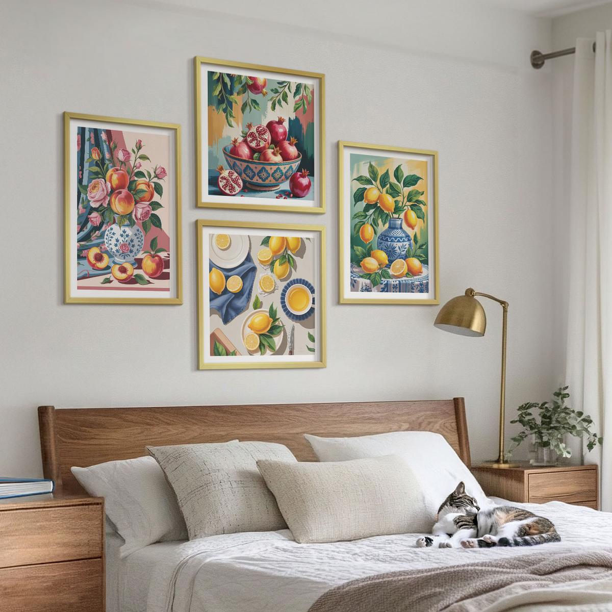 BILDER SET 4er Set - 50x50 cm & 40x60 cm Goldrahmen - Blumen und Früchte in Vasen - Goldfarben, Kunststoff (50/50cm) - TULUP