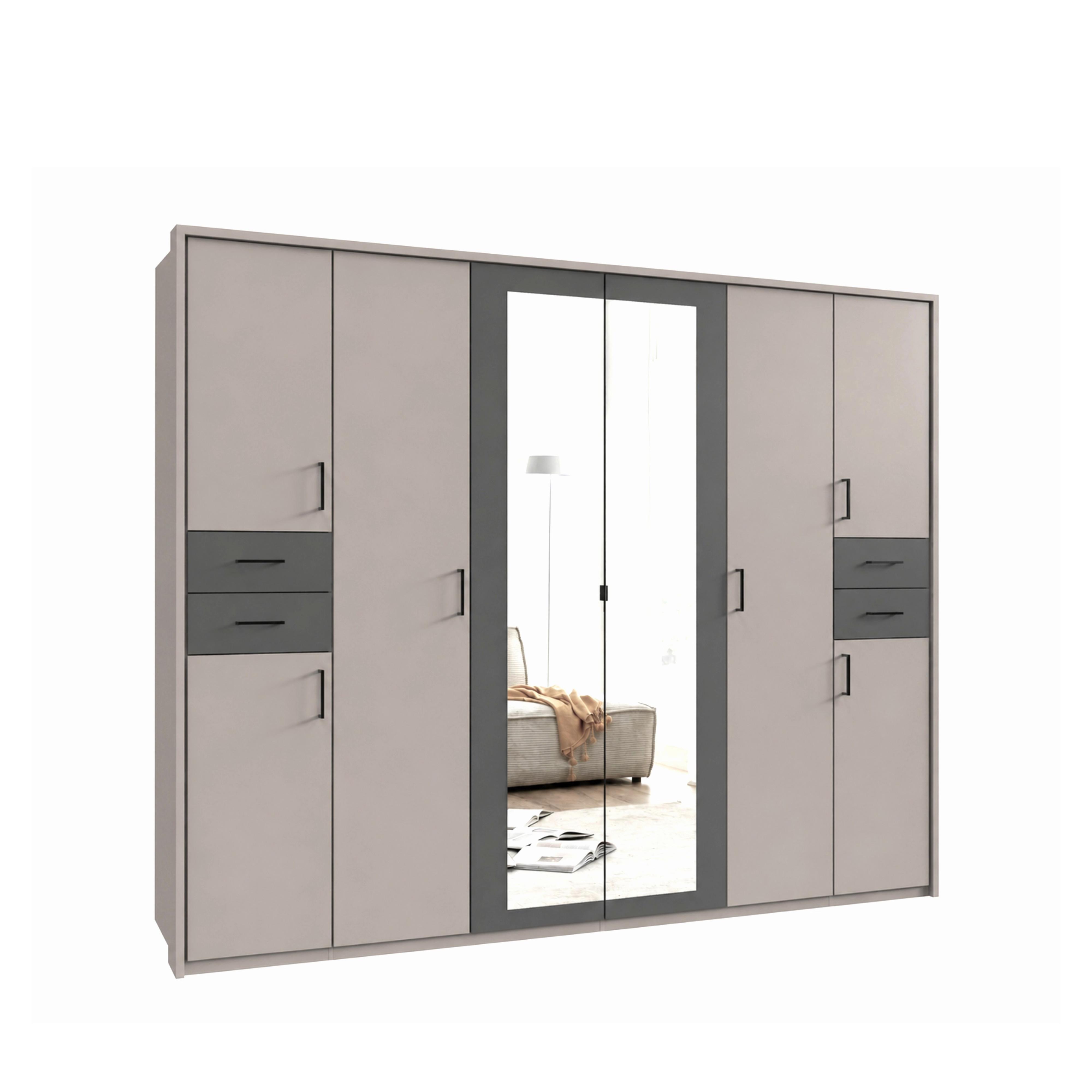 DREHTÜRENSCHRANK B273/H210/T58 cm, Sandgrau mit Absetzungen in Grafit, Kleiderschrank m.Passepartout&2Spiegeltüren&Schubkästen, Griffe schwarz / 22579 - Sandfarben/Schwarz, Holzwerkstoff/Kunststoff (273/210/58cm) - luma-home