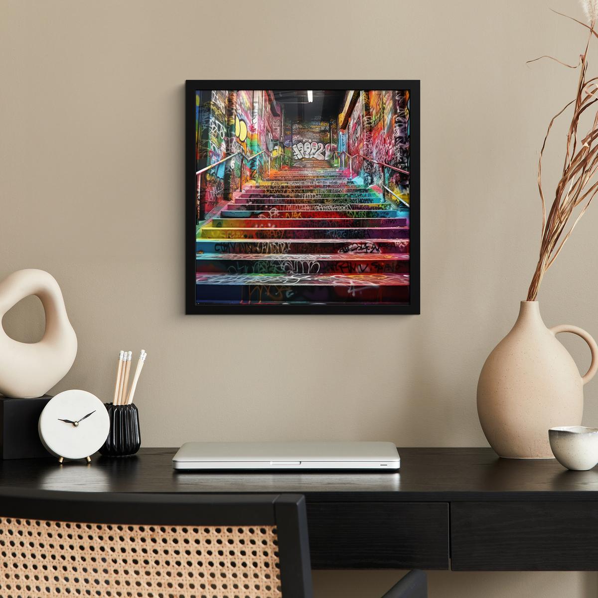 POSTER MIT RAHMENGERAHMTES BILD Treppe - Graffiti - Farben - Kunst 40x40 cm - Multicolor, Papier (40/40cm) - MuchoWow