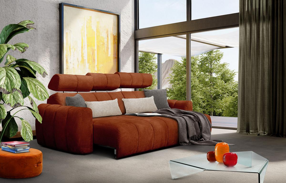 ECKSOFA KIMI 3-Sitzer, ausziehbarer Sitz, verstellbare Kopfstützen, rot - Rot/Schwarz, Holzwerkstoff/Textil (270/160cm) - Wozimo