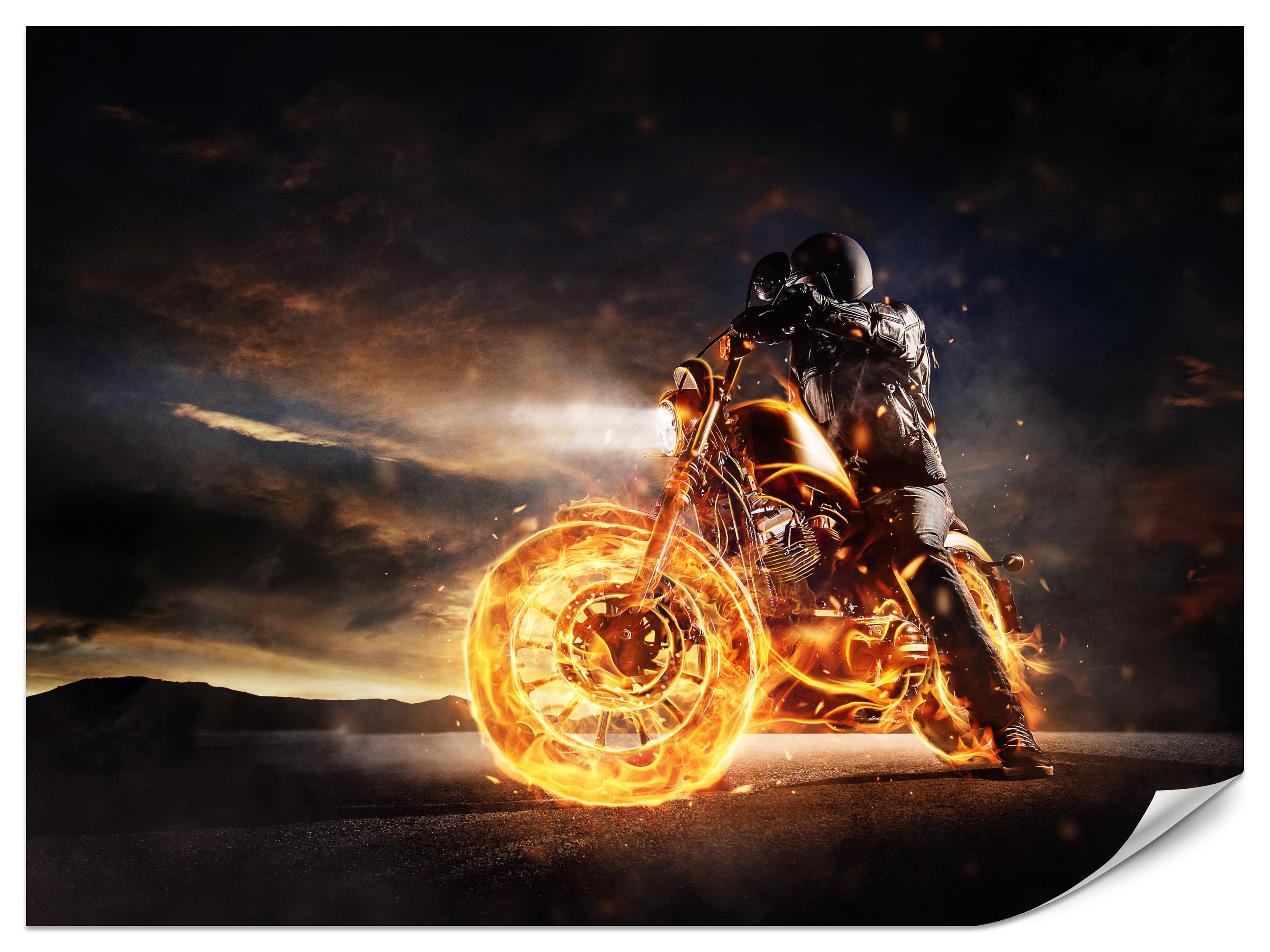 FOTOTAPETE für Jugendzimmer Mann Brennenden Motorrad Sport Nacht 150x105 - Schwarz/Orange, Papier (150/105cm) - Muralo
