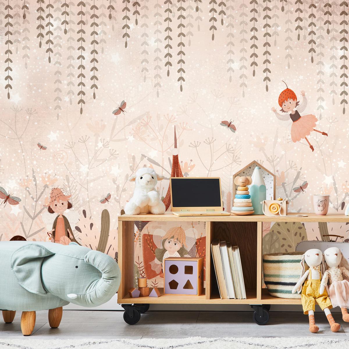 FOTOTAPETE für Kinderzimmer Feen Aquarell Wald Blumen Blätter Boho 250x175 - Beige/Orange, Papier (250/175cm) - Muralo