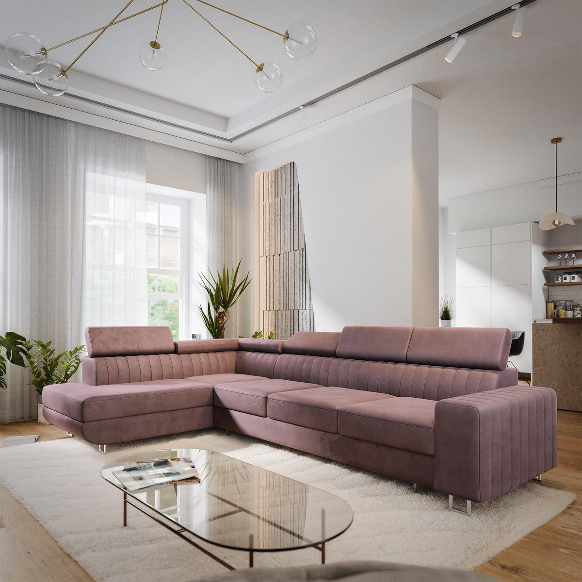 ECKSOFA HESTION Lila Velours-Stoff mit Schlaffunktion - Lila, Holz (332/190cm) - MASSENO