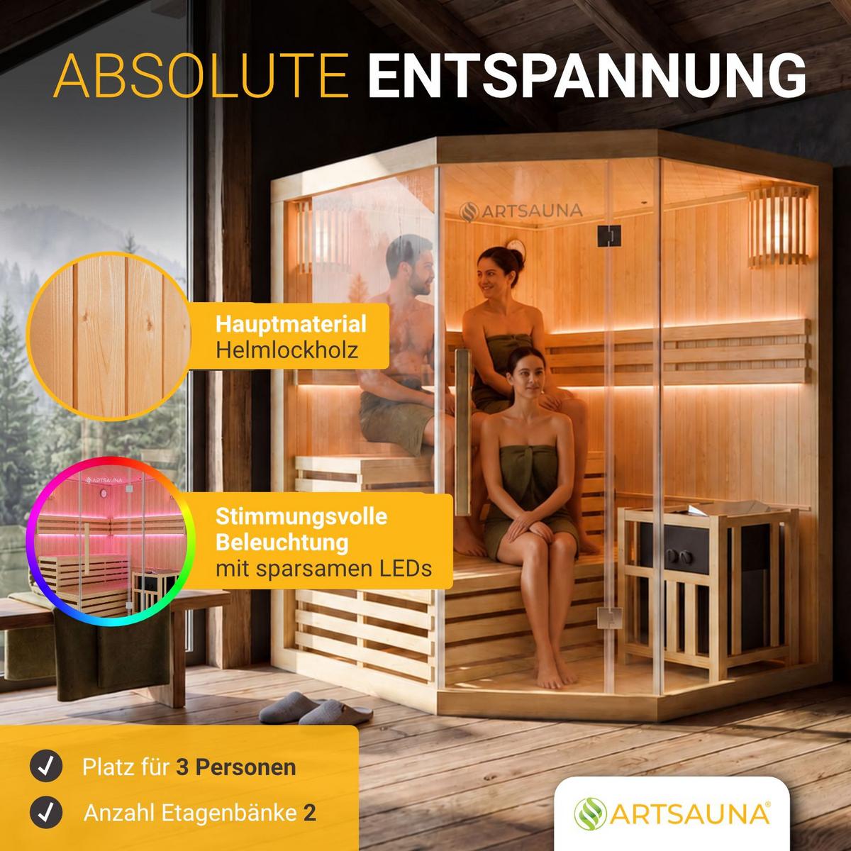 SAUNAKABINE Finnische Sauna Espoo150 Premium - Naturfarben, Holz (150/200/150cm) - Artsauna