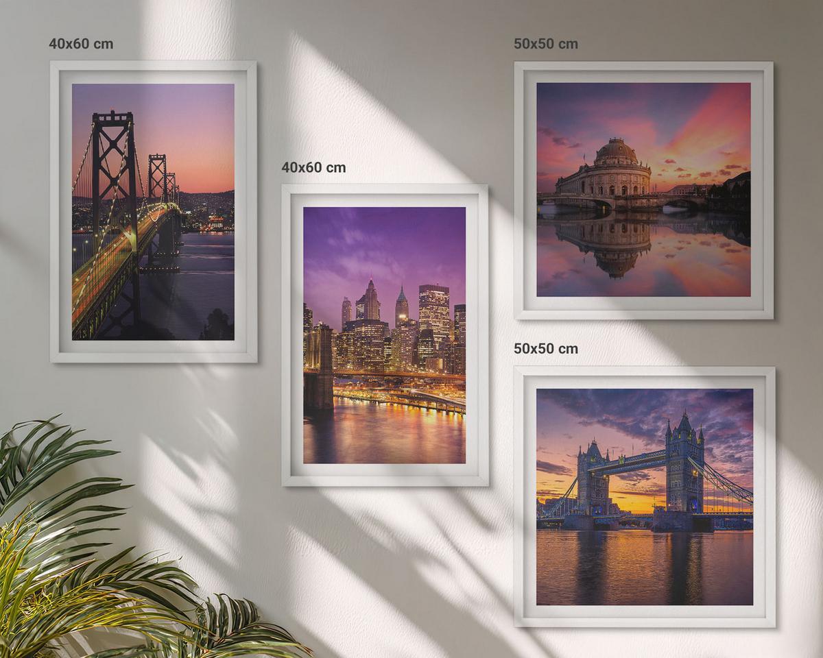BILDER SET 4er Set - 50x50 cm & 40x60 cm Weißer Rahmen - Brücken, Sonne, Stadtblick - Weiß, Kunststoff (50/50cm) - TULUP