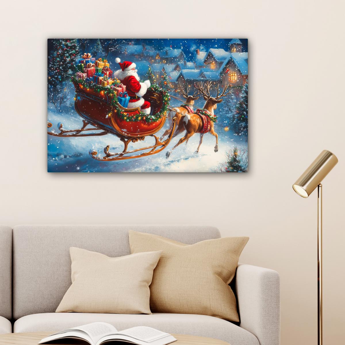 LEINWANDBILD Weihnachtsmann - Rentier - Weihnachten - Schnee Gemälde 60x40 cm - Cognac, Textil (60/40cm) - MuchoWow