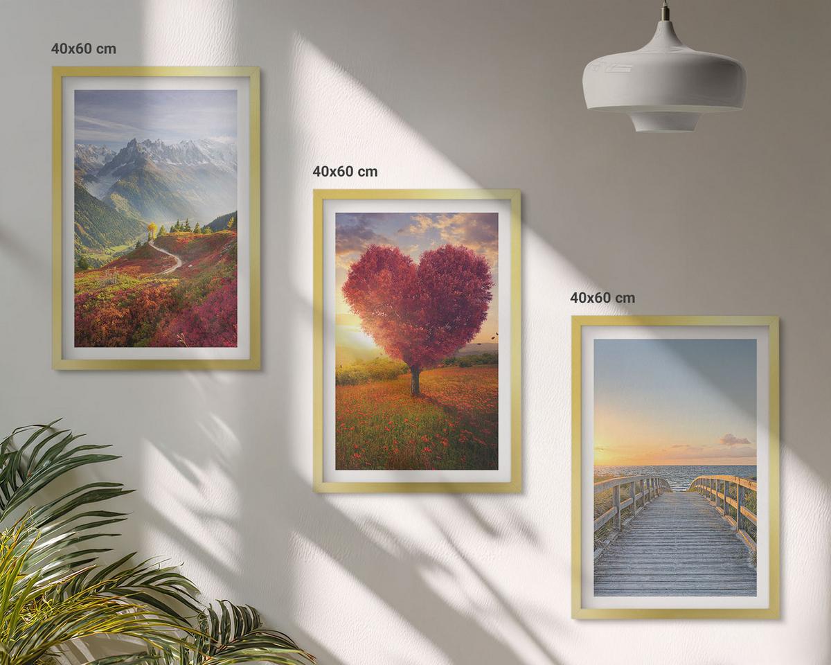 BILDER SET 3er Set - 40x60 cm Goldrahmen - Landschaften Berge Baum Herz Pier - Goldfarben, Kunststoff (40/60cm) - TULUP