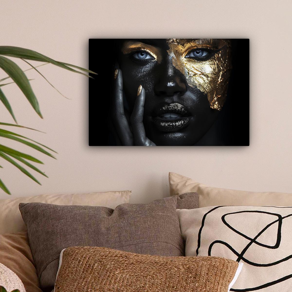 LEINWANDBILD Frau - Gold - Porträt - Schwarz-Weiß - Luxus Deko Schlafzimmer 30x20 cm - Hellblau, Textil (30/20cm) - MuchoWow