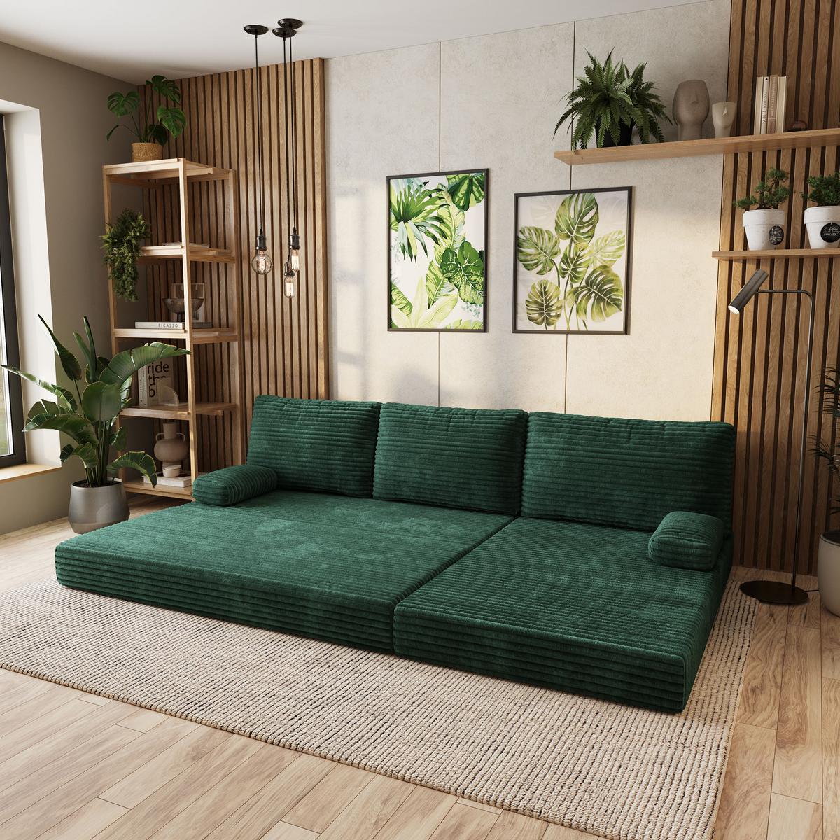 ECKSOFA ANKO modulares Boneless Sofa mit Schlaffunktion Grün Kordstoff - Grün, Textil (270/160cm) - MASSENO