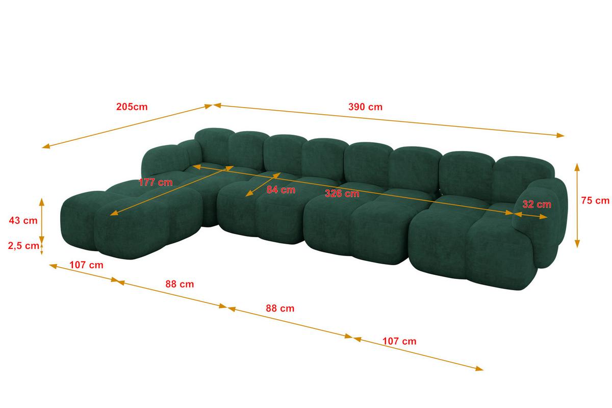 ECKSOFA modulares Sofa Links Miko-L3 390x205x75 Grün Velours - Schwarz/Grün, Holzwerkstoff/Kunststoff (390/205cm) - ALTDECOR