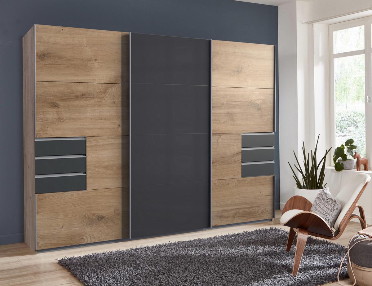 SCHWEBETÜRENSCHRANK 3-türig B270/H208/64 cm, Eiche Dekor, Mitteltür Glas Grau, Kleiderschrank mit Schubladen in Grafit & Vollausstattung / 22611 - Eichefarben/Alufarben, Holzwerkstoff/Metall (270/208/64cm) - luma-home
