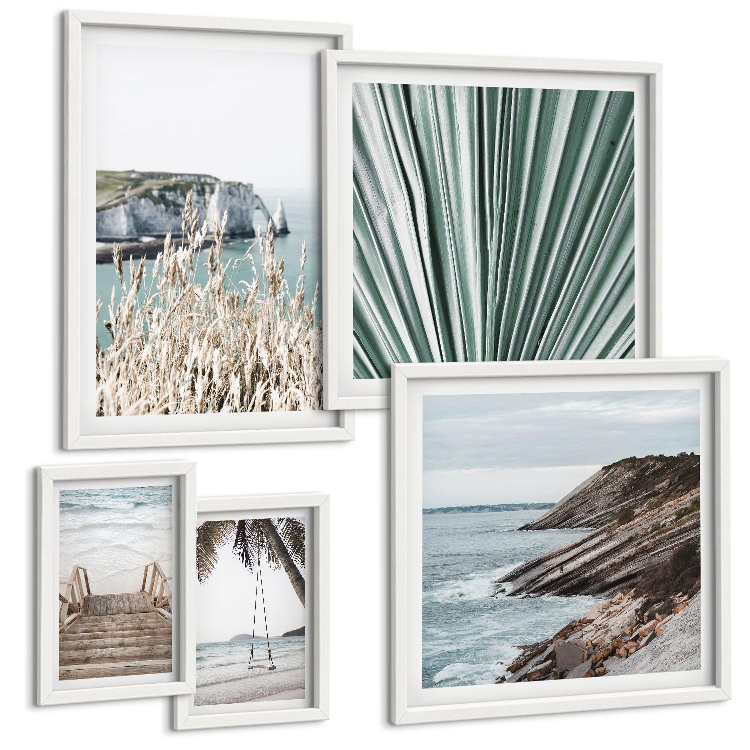BILDER SET 5er Set - 50x50 cm & 20x30 cm & 40x60 cm Weißer Rahmen - Strandtreppe Schaukel Meer - Weiß, Kunststoff (40/60cm) - TULUP