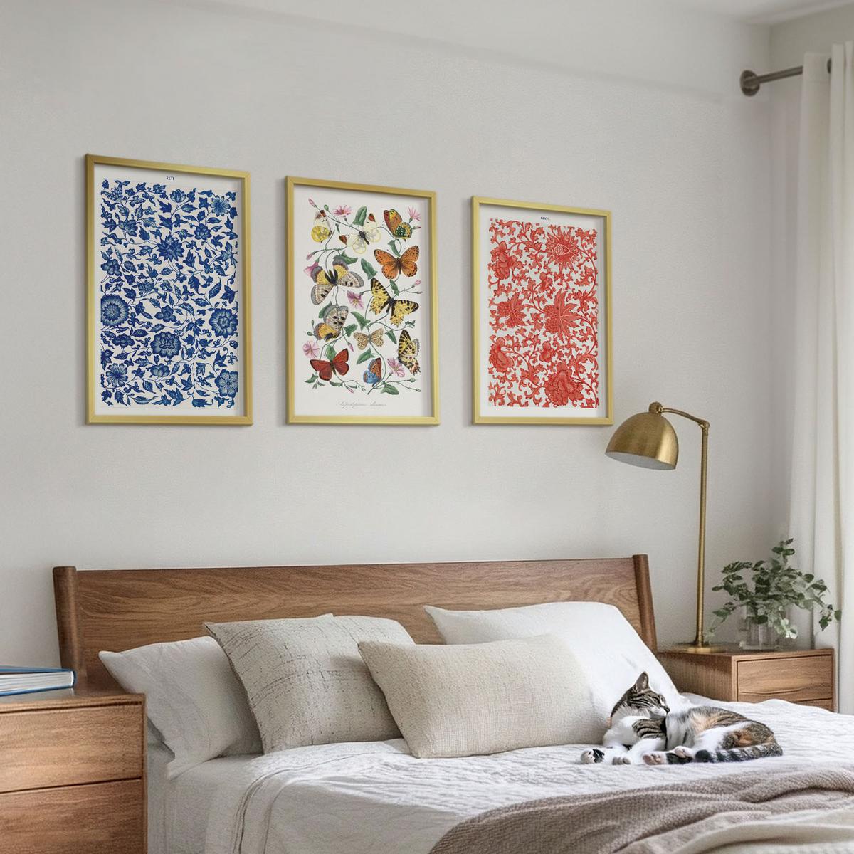 BILDER SET 3er Set - 40x60 cm Goldrahmen - Vintage-Blumen-Schmetterlings-Ornamente - Goldfarben, Kunststoff (40/60cm) - TULUP