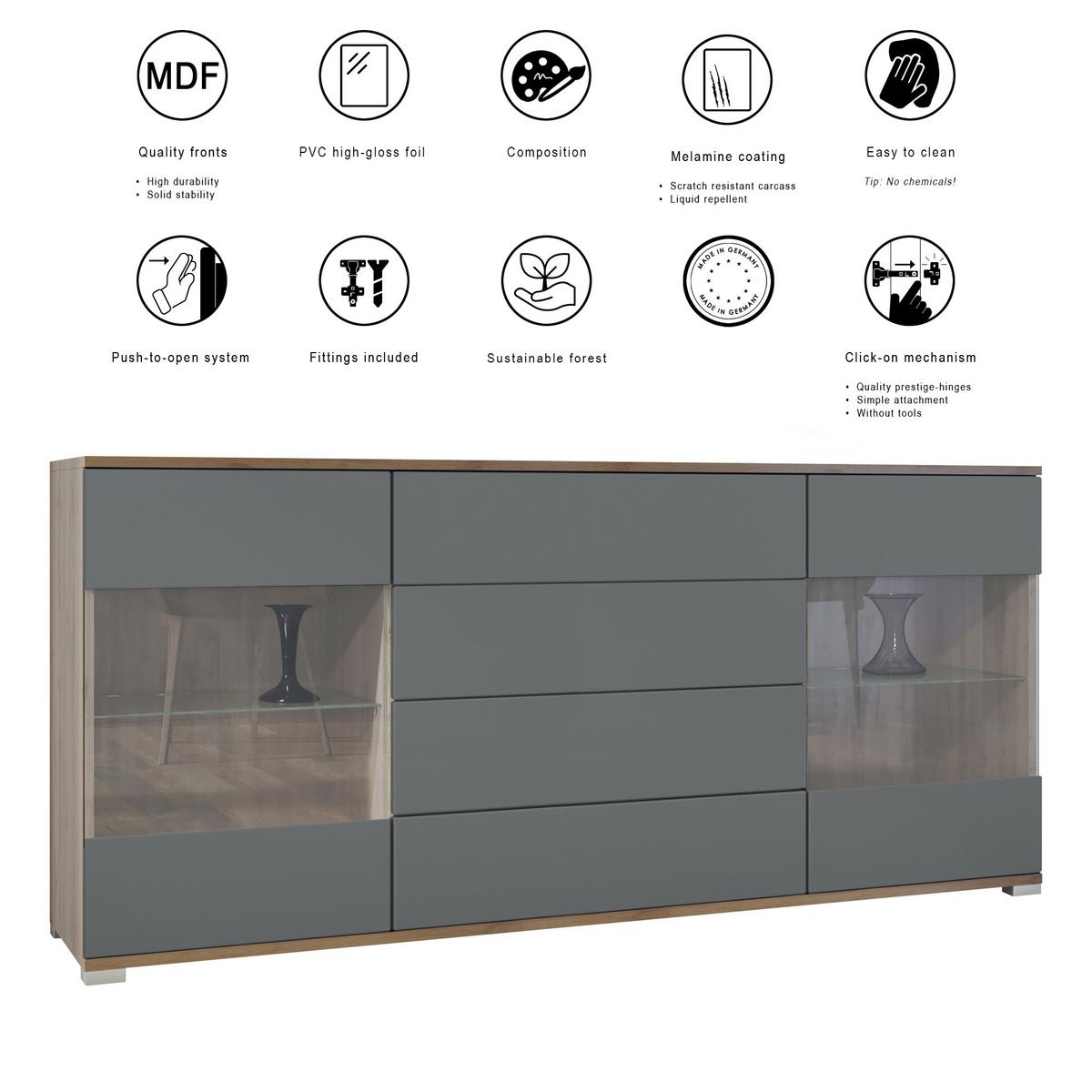 SIDEBOARD Bari Schwarz Hochglanz - Schwarz Hochglanz, Holzwerkstoff (166.5/75.5/35cm) - Vladon
