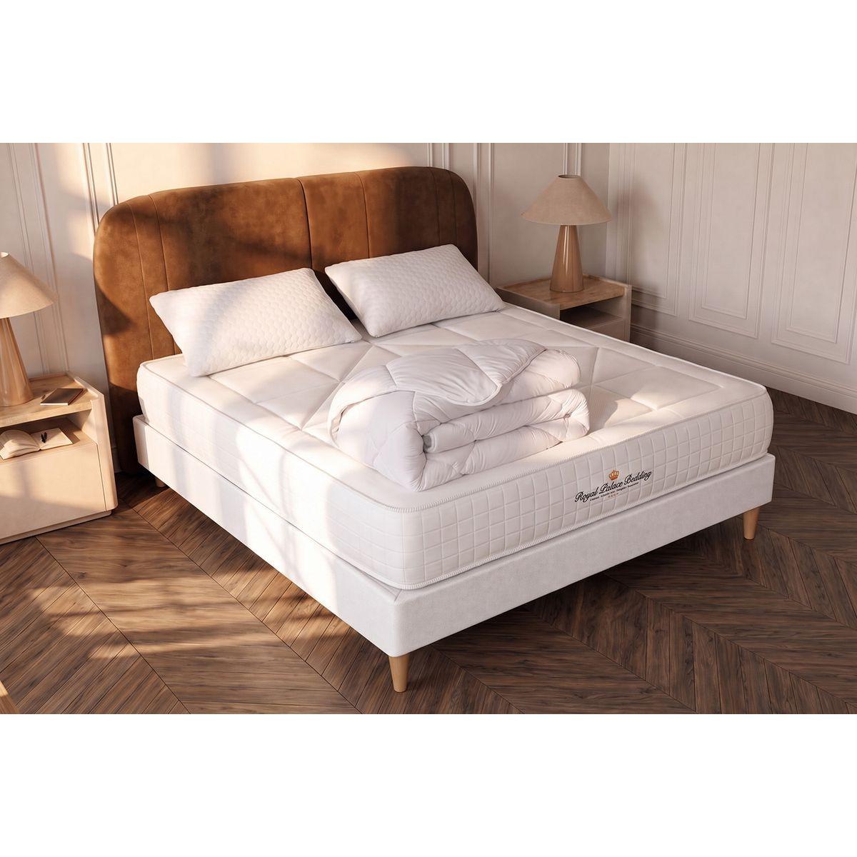 BETT Windsor Taschenfederkern und Memory-Schaum 140 x 200 cm h1 - Kit Bettgestell Weiß - Mit Kissen und Bettdecke - Beige/Weiß, Karton/Holz (140/200cm) - ROYAL PALACE BEDDING