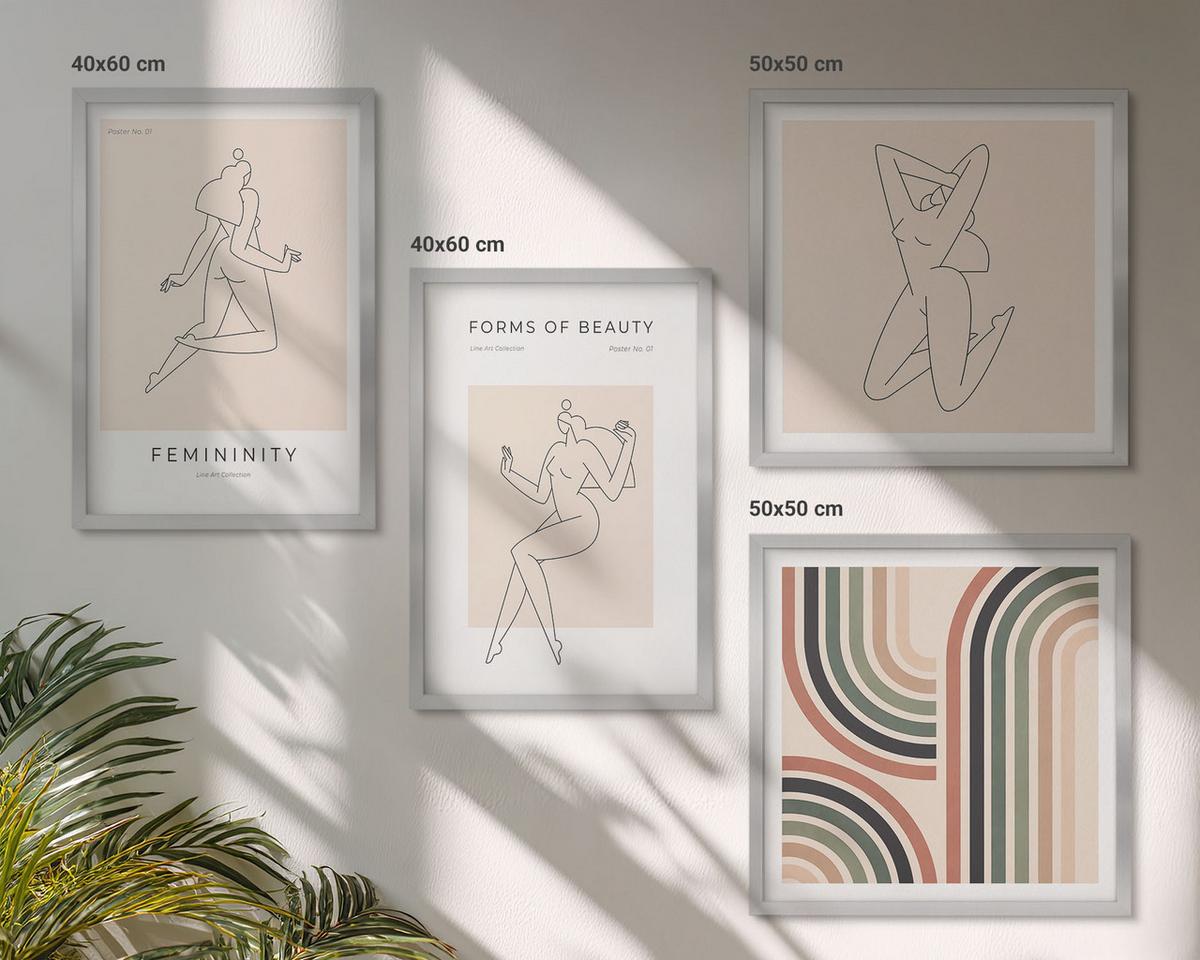 BILDER SET 4er Set - 50x50 cm & 40x60 cm Silberner Rahmen - Weibliche Silhouetten auf Plakaten - Silberfarben, Kunststoff (50/50cm) - TULUP