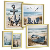 BILDER SET 5er Set - 50x50 cm & 20x30 cm & 40x60 cm Goldrahmen - Waldlandschaft, See Łódź - Goldfarben, Kunststoff (40/60cm) - TULUP