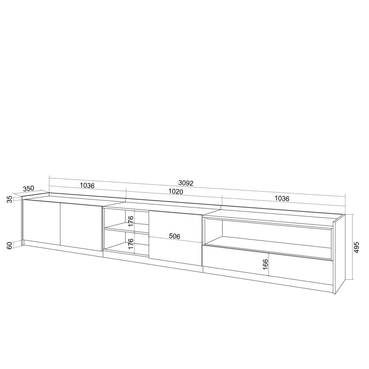 LOWBOARD, Eiche Schwarz, 310/37/50cm - Eichefarben, Holzwerkstoff (310/50/37cm) - Skraut Home
