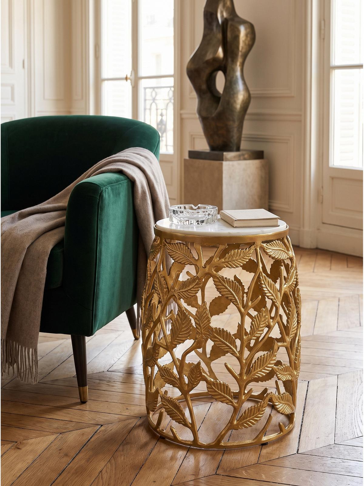 BEISTELLTISCH ALASSIO, Marmor, handgefertigt, Gold-Weiß, Ø 40 x 46 cm - Goldfarben, Stein/Metall (40/40/46cm) - KADIMA DESIGN