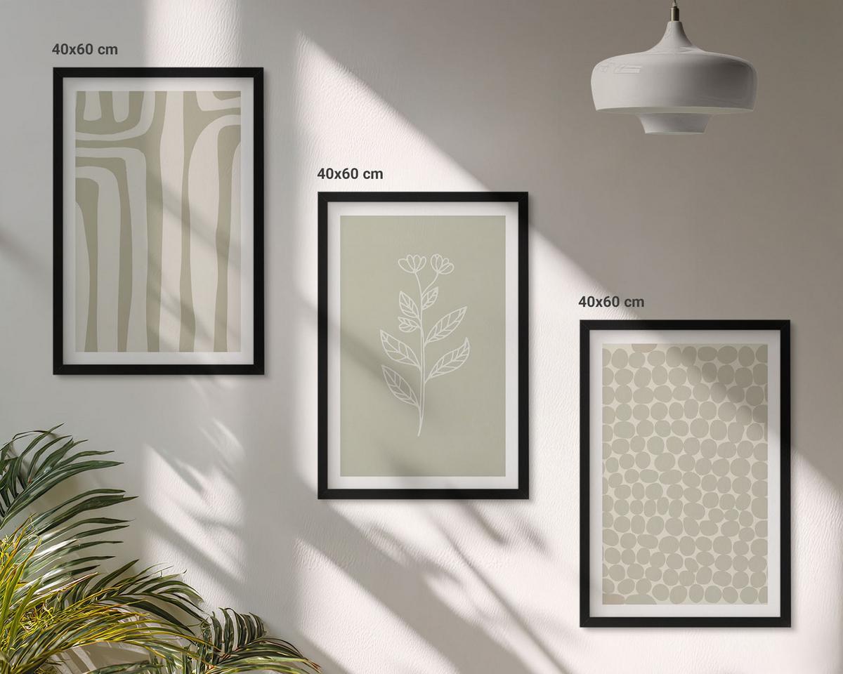 BILDER SET 3er Set - 40x60 cm Schwarzer Rahmen - Geometrische Pflanzenmuster - Schwarz, Kunststoff (40/60cm) - TULUP