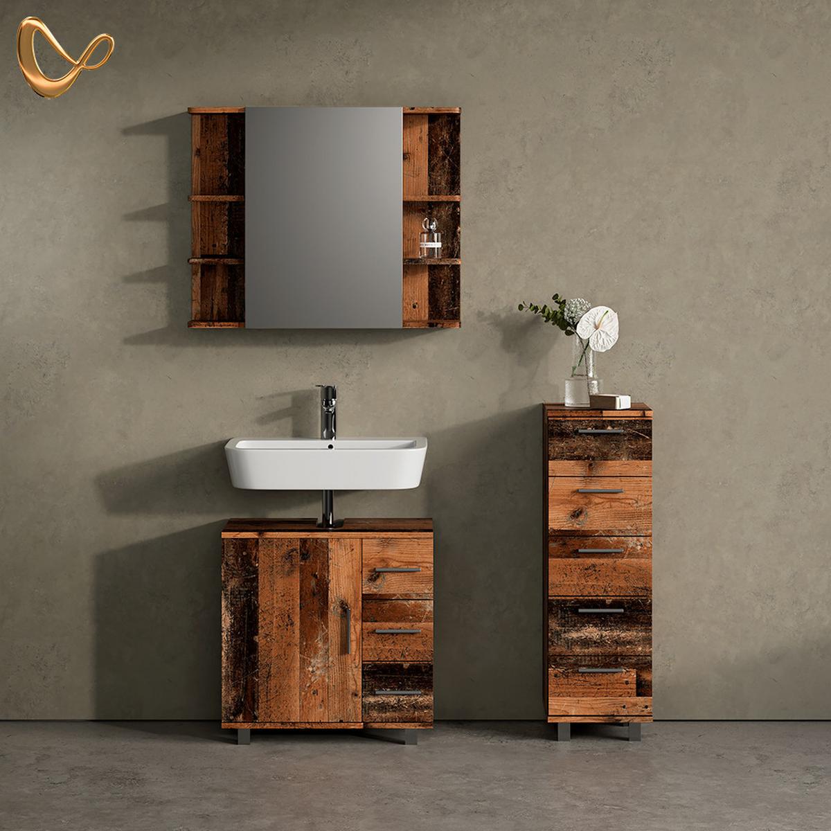 WASCHBECKENUNTERSCHRANK Eisak Eiche rustikal 60 x 60 cm mit Tür und 3 Schubladen - Wildeiche, Holzwerkstoff (60/60/33cm) - Livinity®