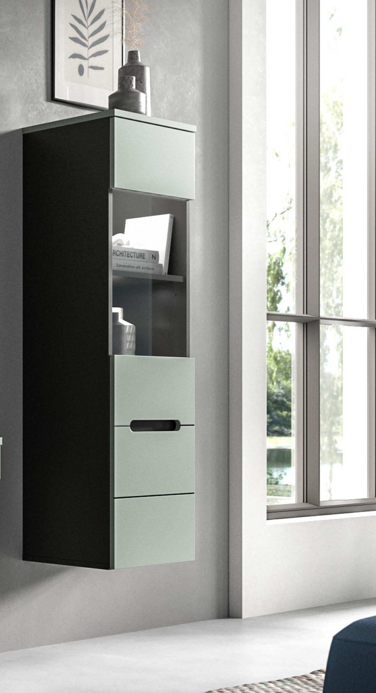 VITRINE Salbei Grün, Basalt Grau hängend / stehend 36 cm mit Soft-Close - Salbeigrün/Schwarz, Glas/Holzwerkstoff (36/125/33cm) - Inn.Furn