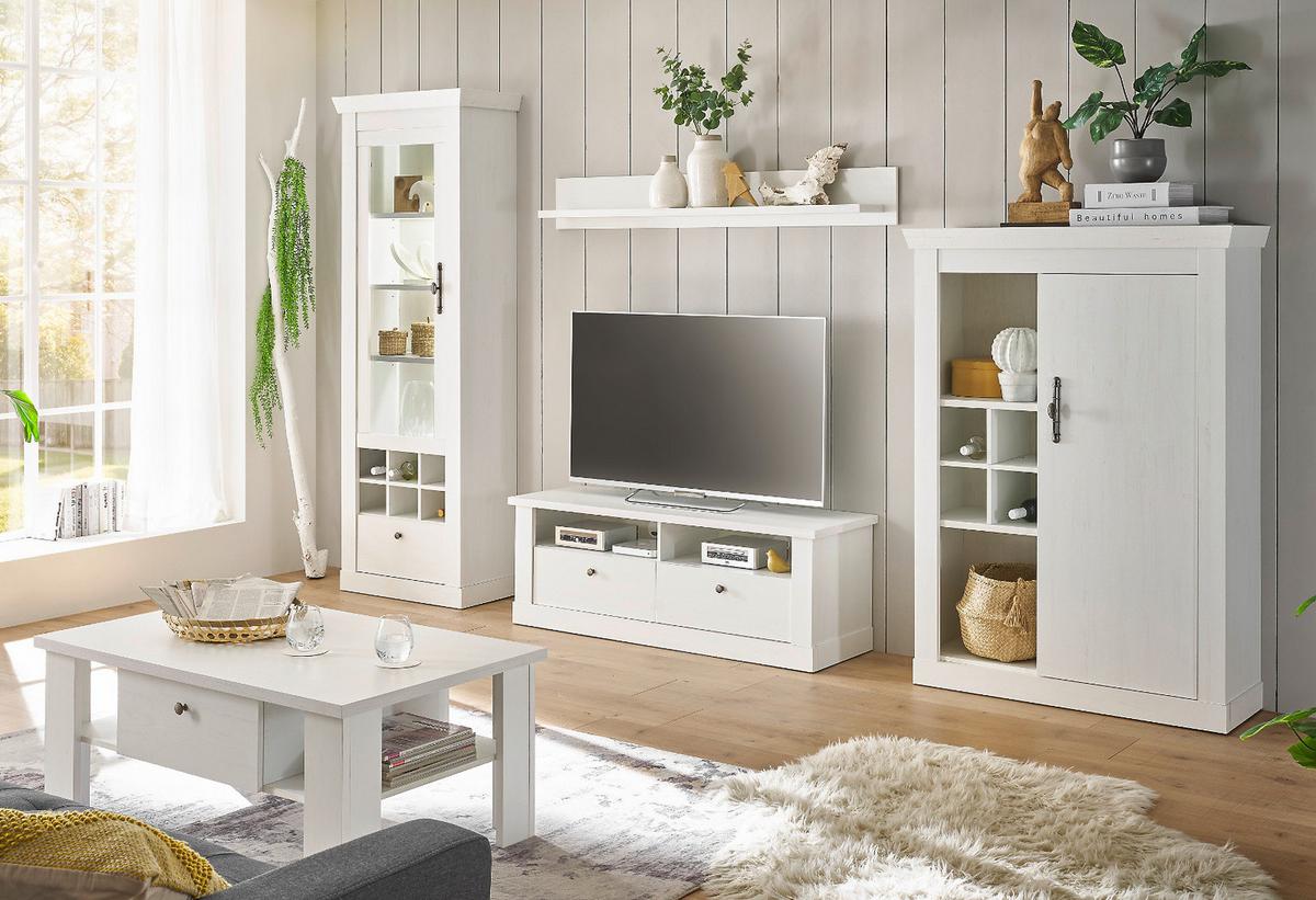 HIGHBOARD weiß Pinie Landhaus, Anrichte mit Soft-Close und Beleuchtung - Weiß, Holzwerkstoff/Kunststoff (141/146/45cm) - Furn.Design