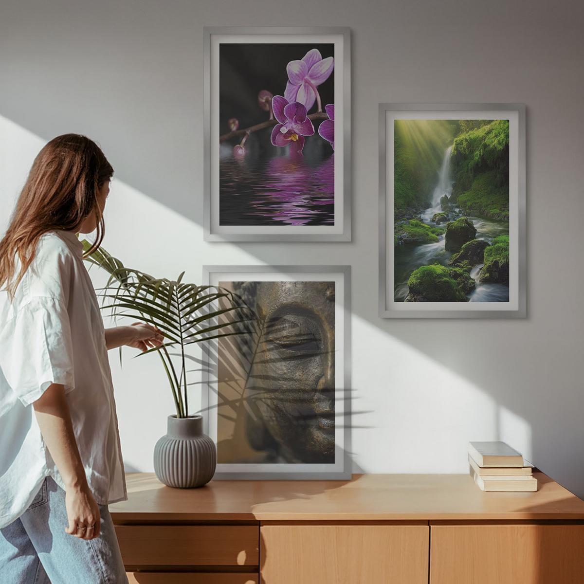 BILDER SET 3er Set - 40x60 cm Silberner Rahmen - Blumen, Wasserfall, Buddha-Felsen, Zen - Silberfarben, Kunststoff (40/60cm) - TULUP
