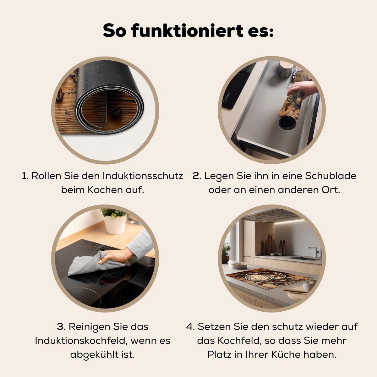 HERDABDECKPLATTE Kaffee - Vintage - Braun - Tasse - Holz Abdeckung Ceranfeld 81.2x52 cm - Cappuccino, Kunststoff (81.2/52/0.2cm) - MuchoWow