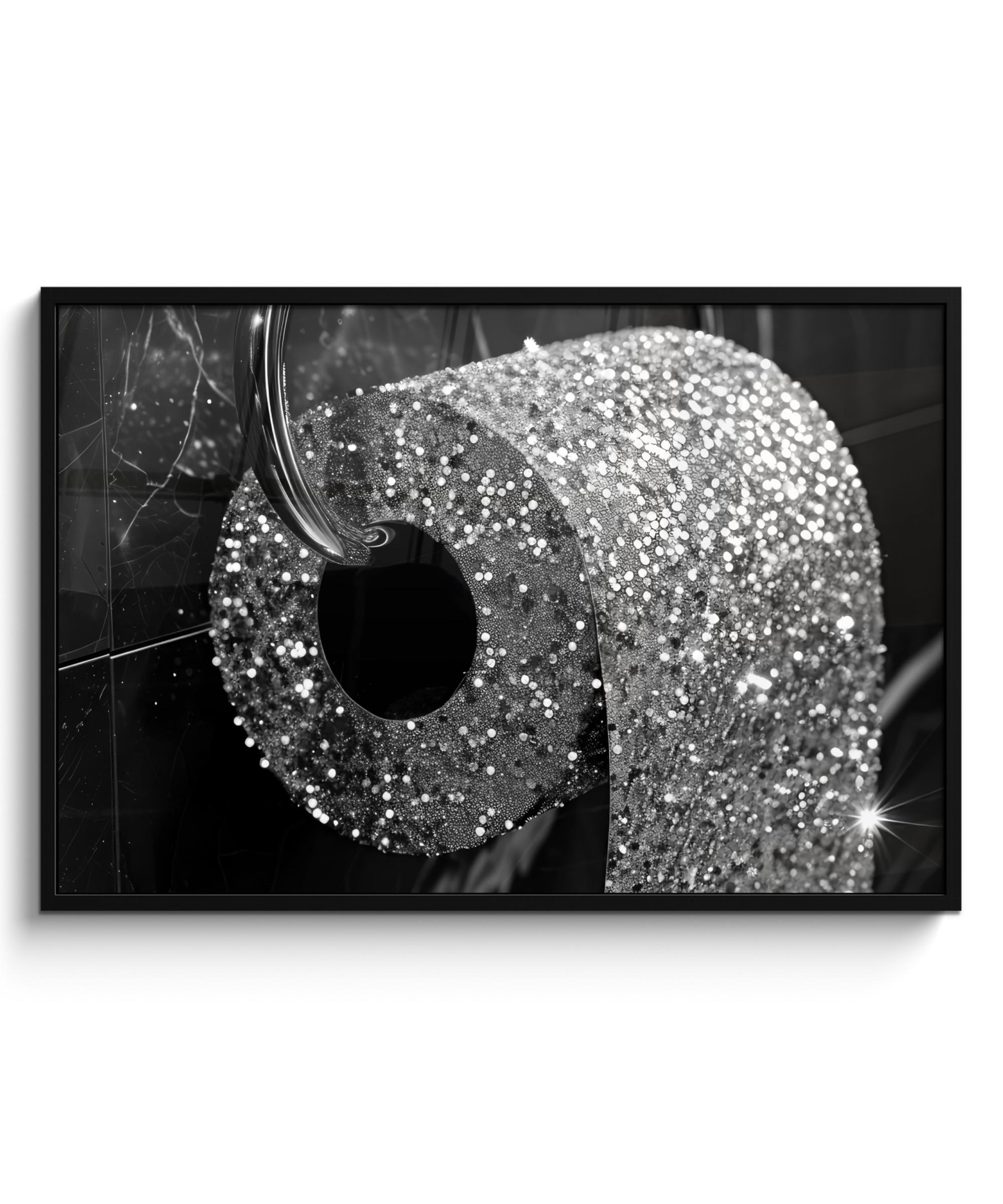 POSTER MIT RAHMEN WC - Toilettenpapier - Schwarz und weiß - Glitter 120x80 cm - Silberfarben, Papier (120/80cm) - MuchoWow