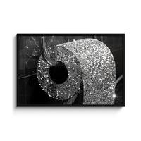 POSTER MIT RAHMENGERAHMTES BILD WC - Toilettenpapier - Schwarz und weiß - Glitter 120x80 cm - Silberfarben, Papier (120/80cm) - MuchoWow
