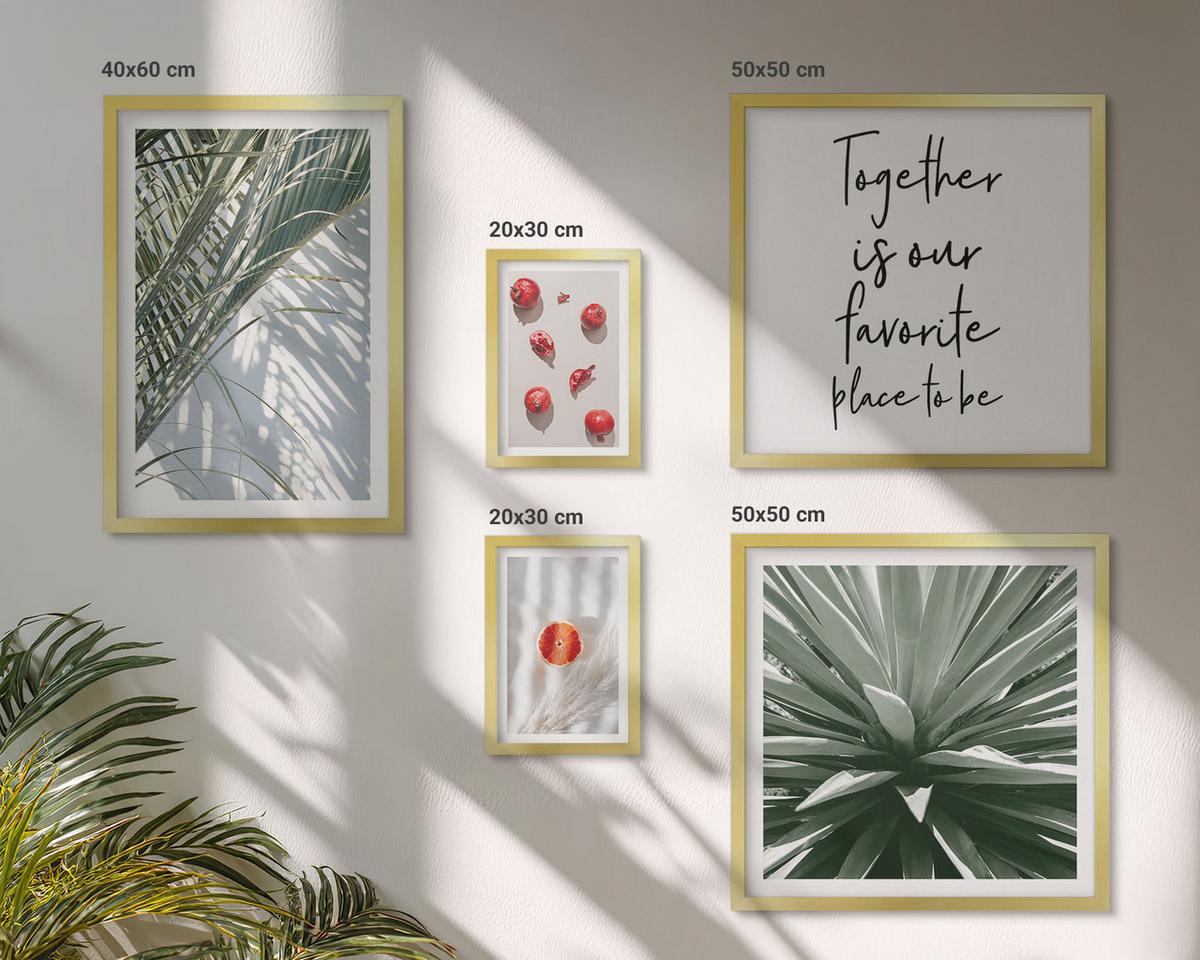 BILDER SET 5er Set - 50x50 cm & 20x30 cm & 40x60 cm Goldrahmen - Feiertags-Palmenfrucht-Inschrift - Goldfarben, Kunststoff (40/60cm) - TULUP