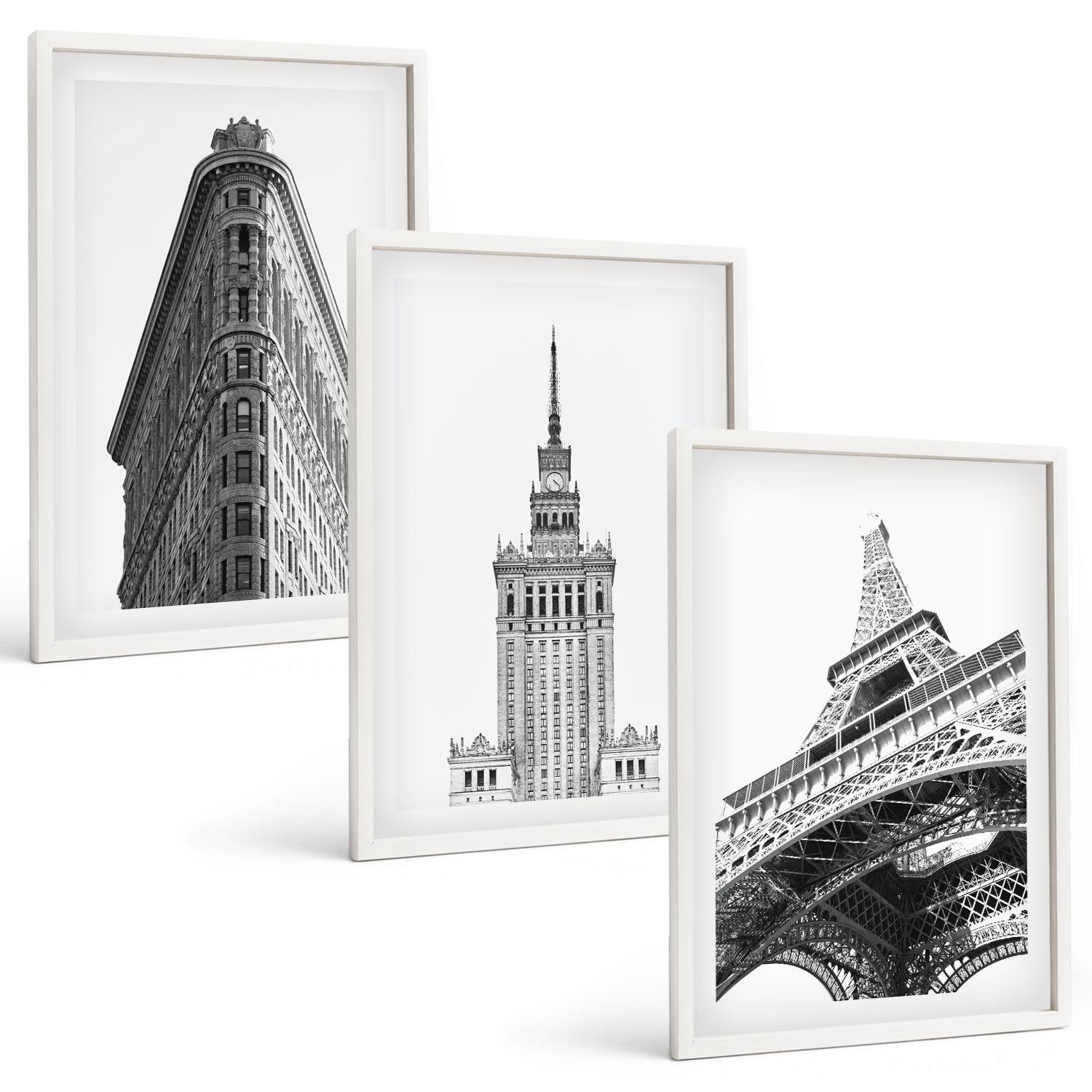 BILDER SET 3er Set - 40x60 cm Weißer Rahmen - Architektonische Schwarz-Weiß-Gebäude - Weiß, Kunststoff (40/60cm) - TULUP
