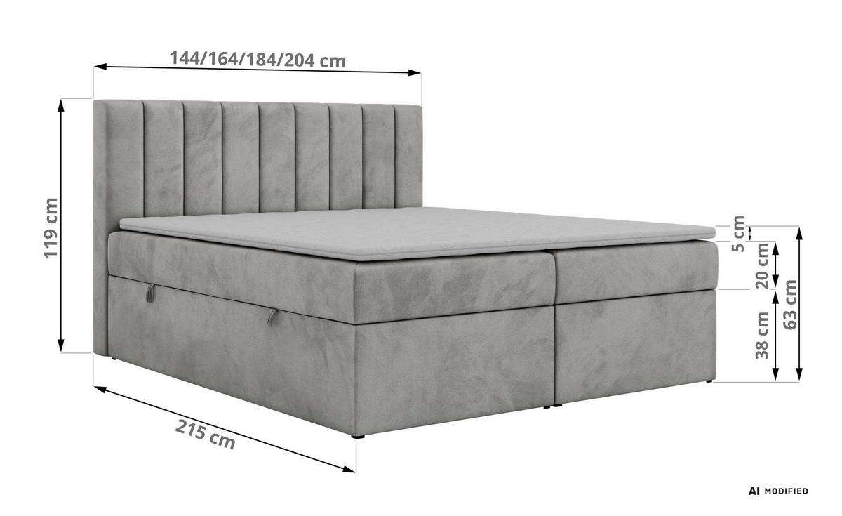 BOXBETT ALVER 140/200 - Hellgrau Velvet - Topper T25 - H3 - Hellgrau/Schwarz, Kunststoff/Textil (140/200cm) - MKS