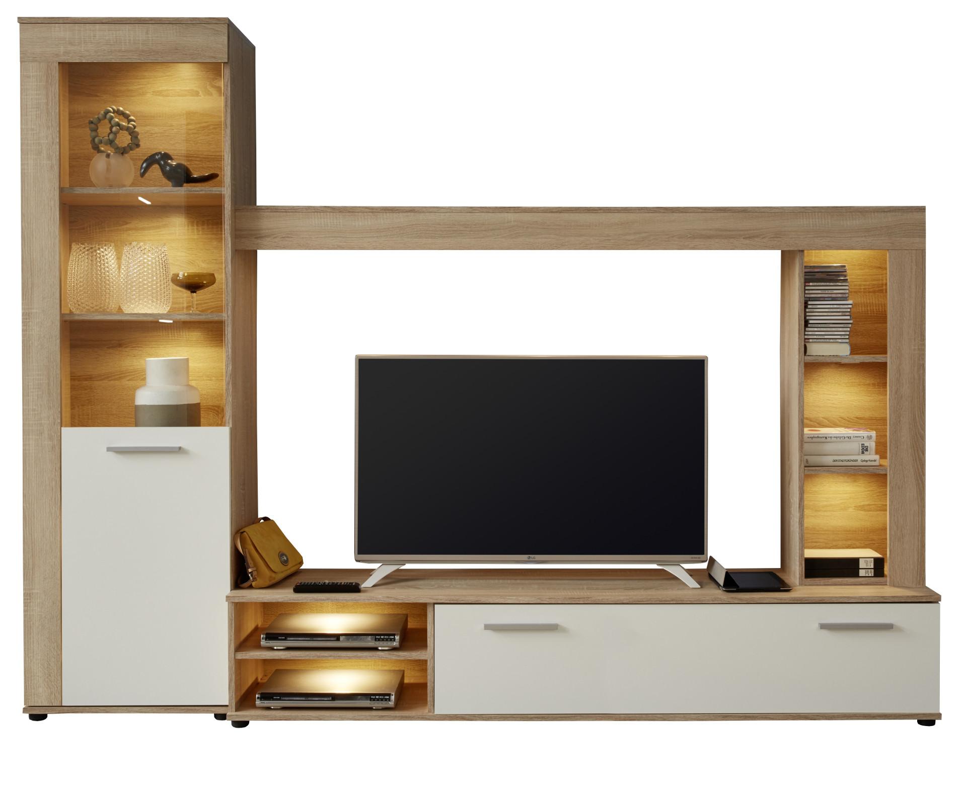 WOHNWAND Sonoma Eiche hell sägerau, weiß 240 cm, Schrankwand mit viel Stauraum - Silberfarben/Schwarz, Holzwerkstoff/Kunststoff (240/185/41cm) - Top.Furn