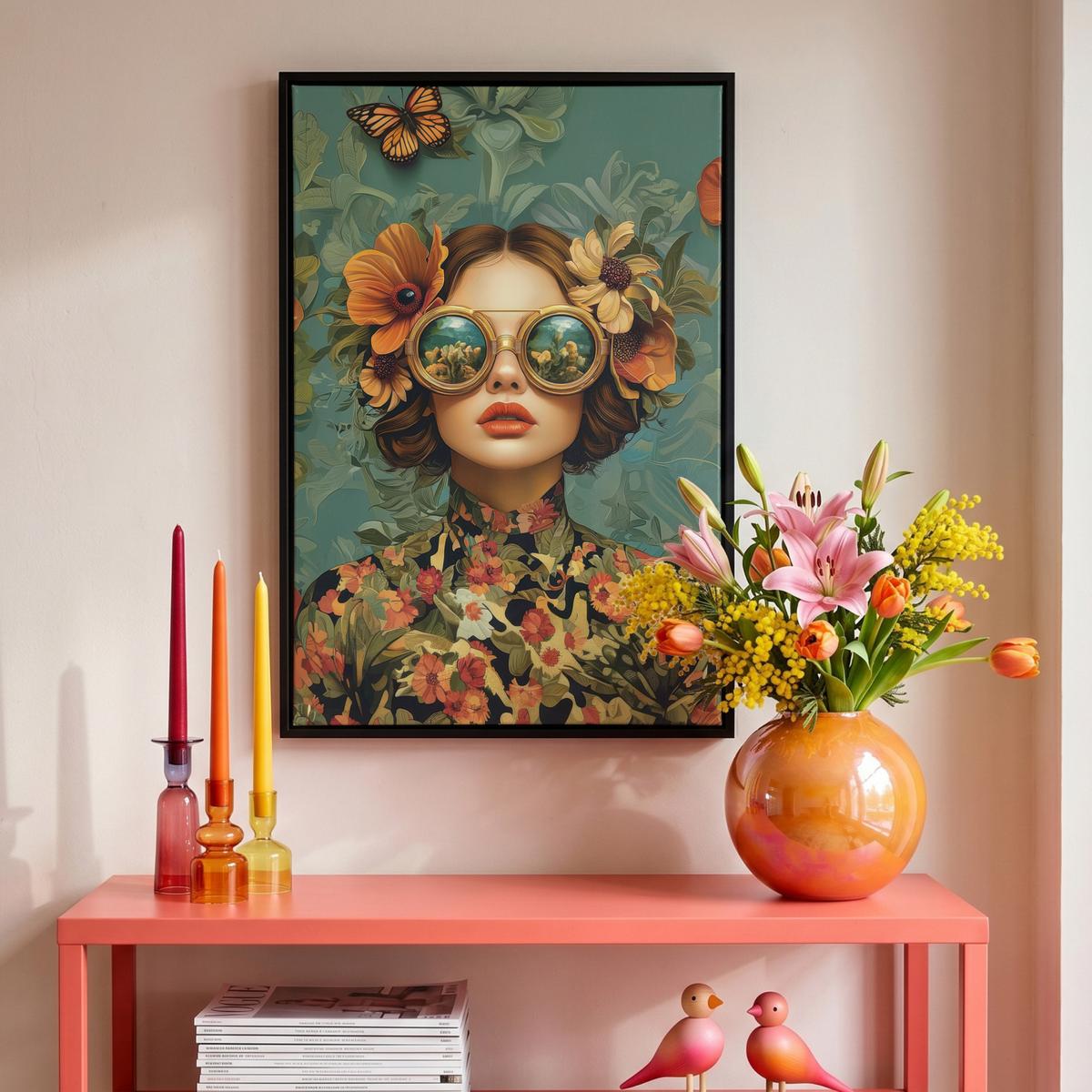 LEINWAND Bilder mit Rahmen - Frau - Blumen - Schmetterlinge - Natur - Vintage - 40x60 - Salbeigrün, Textil (40/60cm) - MuchoWow