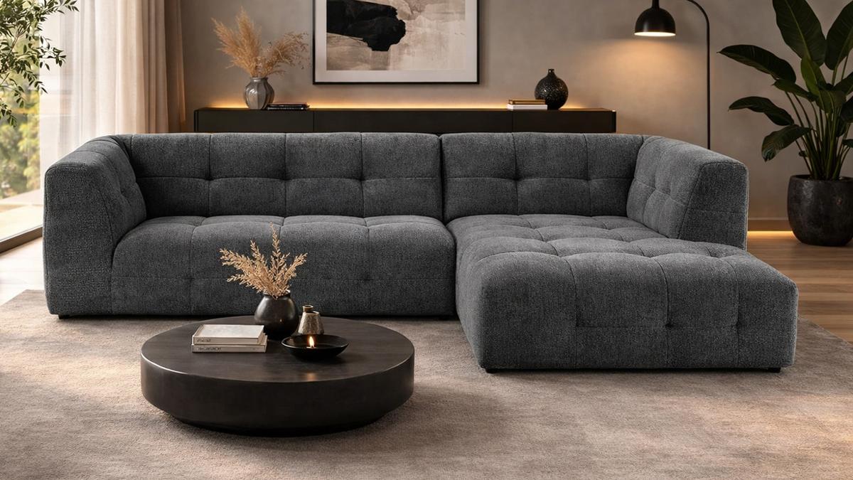 SOFA grau Webstoff 292 x 161 cm, Ecksofa 5-Sitzer, L-Sofa Ottomane rechts - Grau, Holz/Textil (292/161cm) - Inn.Furn