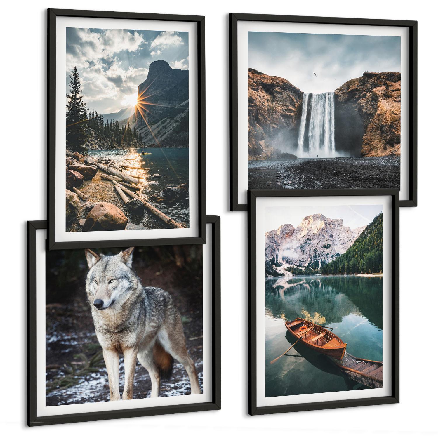 BILDER SET 4er Set - 50x50 cm & 40x60 cm Schwarzer Rahmen - Berge, Seen, Wasserfall, Wolf - Schwarz, Kunststoff (50/50cm) - TULUP