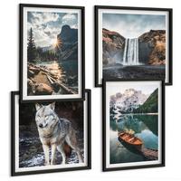 BILDER SET 4er Set - 50x50 cm & 40x60 cm Schwarzer Rahmen - Berge, Seen, Wasserfall, Wolf - Schwarz, Kunststoff (50/50cm) - TULUP